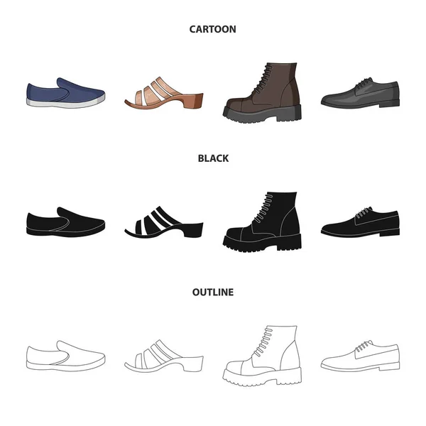 Un ensemble d'icônes sur une variété de chaussures.Différentes chaussures icône unique en dessin animé, noir, contour style vectoriel web symbole illustration stock . — Image vectorielle