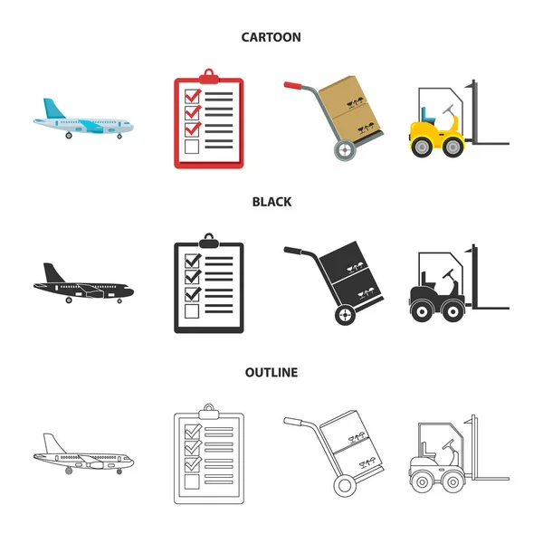 Avión de carga, carro para el transporte, cajas, carretilla elevadora, documents.Logistic, iconos de colección conjunto en dibujos animados, negro, contorno estilo vector símbolo stock ilustración web . — Vector de stock