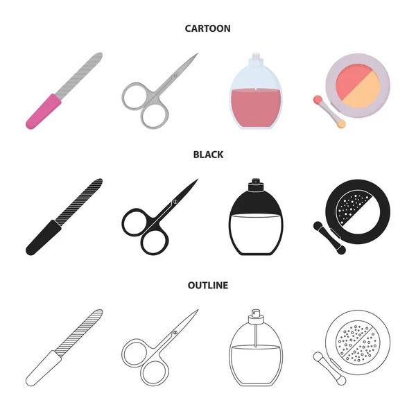 Nagelfil, saxar för naglar, parfym, puder med en borste. Makeup som samling ikoner i tecknad, svart, disposition stil vektor symbol stock illustration web. — Stock vektor