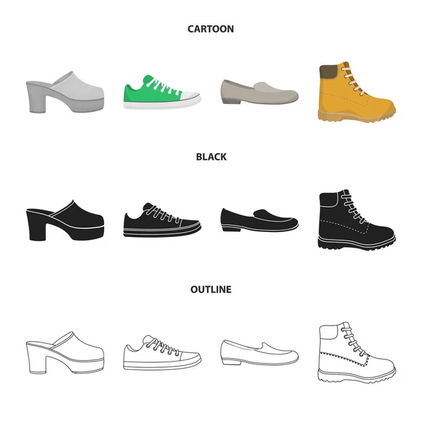 Flip-flops, clogs on a high platform and heel, green sneakers with laces, female gray ballet flats, red shoes on the tractor sole. Shoes set collection icons in cartoon,black,outline style vector — Stock Vector