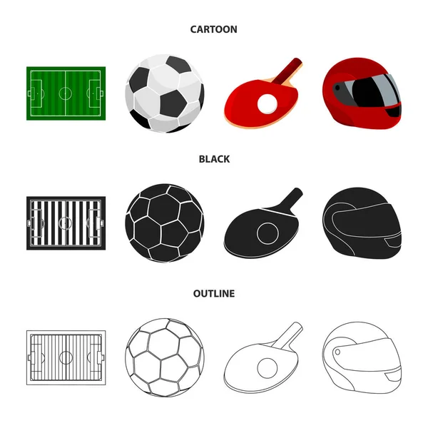 Veld, stadion met markeringen voor het spelen van voetbal, voetbal, bal, racket met een bal voor ping-pong, beschermende helm voor het spel, de handschoen voor honkbal of rugby. Sport instellen collectie pictogrammen in de cartoon — Stockvector