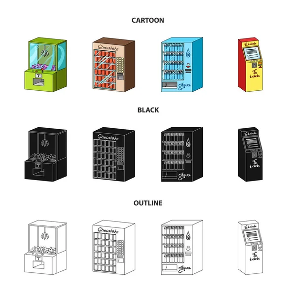 Mesin permainan, terminal penjualan tiket, sebuah automaton untuk menjual aqua dan coklat. Terminal menata ikon koleksi dalam kartun, hitam, bergaya garis luar vektor isometrik simbol stok gambar web  . - Stok Vektor