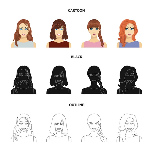 Types of female hairstyles cartoon, black, outline icons in set collection for design. Внешний вид веб-иллюстрации женского векторного символа . — стоковый вектор