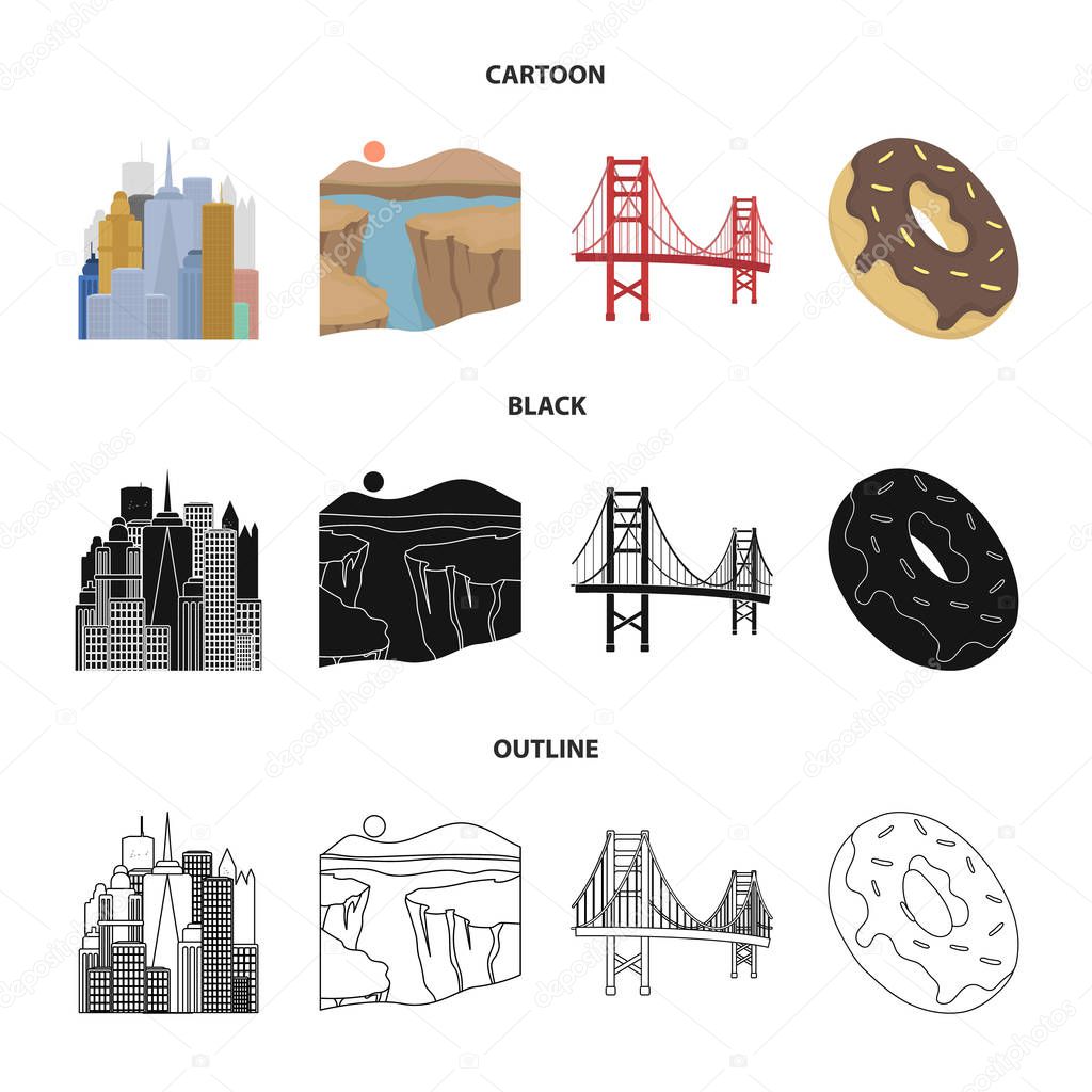 A megacity, a grand canyon, a golden gate bridge,donut with chocolate. The US country set collection icons in cartoon,black,outline style vector symbol stock illustration web.