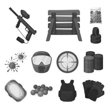 Paintball takım set koleksiyonu tasarım için oyun tek renkli simgeler. Ekipman ve kıyafet sembol stok web illüstrasyon vektör.