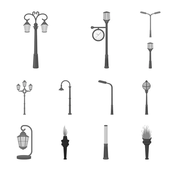 Lamp post zwart-wit pictogrammen in set collectie voor design. Lantaarn en verlichting vectorillustratie symbool voorraad web. — Stockvector