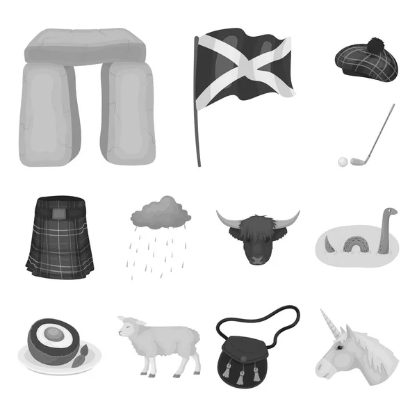 País Escócia ícones monocromáticos em coleção de conjuntos para design. Visitas guiadas, cultura e tradição símbolo vetorial ilustração web . — Vetor de Stock