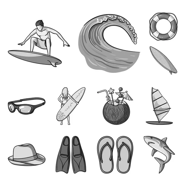Surfing and extreme monochrome icons in set collection for design. Surfer and accessories vector symbol stock web illustration.