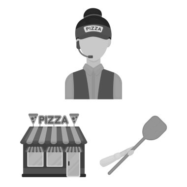 Pizza ve pizza tek renkli simgeler set koleksiyonu tasarım için. Personel ve ekipman sembol stok web illüstrasyon vektör.