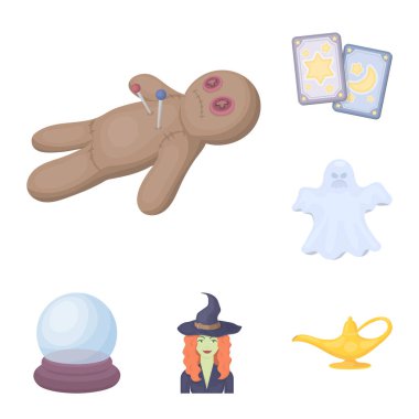 Set koleksiyonu tasarım için siyah ve beyaz sihirli karikatür simgeler. Sembol stok web illüstrasyon vektör öznitelikleri ve büyücü aksesuarları.