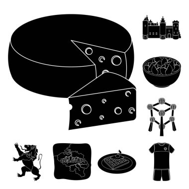 Set koleksiyonu tasarım için ülke Belçika siyah simgeler. Seyahat ve konumlar Belçika sembol stok web illüstrasyon vektör.