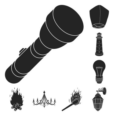 Set koleksiyonu tasarım için ışık kaynağı siyah simgeler. Işık ve ekipman sembol stok web illüstrasyon vektör.
