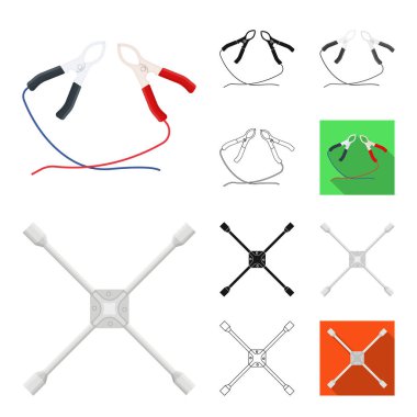 Araba, lift, pompa ve diğer ekipman çizgi film, siyah, düz, tek renkli, set koleksiyonu tasarım için simgeleri anahat. Araba bakım istasyonu vektör simge stok çizim web.