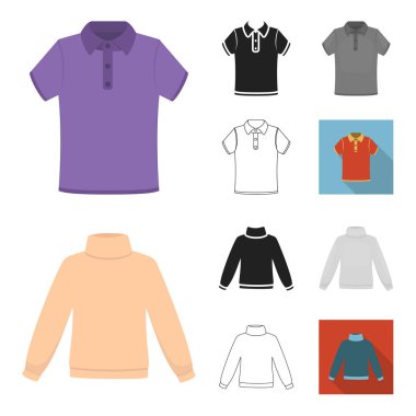 Elbise çizgi film, siyah, düz, tek renkli, farklı türde set koleksiyonu tasarım için simgeleri anahat. Giyim ve stil sembol stok web illüstrasyon vektör.