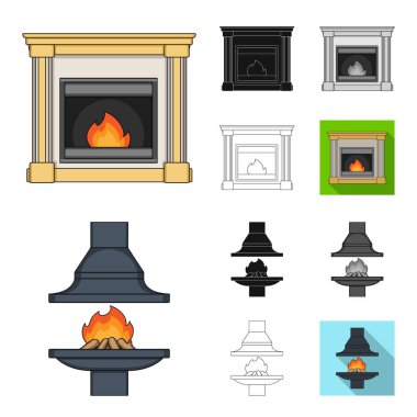 Şömineler çizgi film, siyah, düz, tek renkli, farklı türde set koleksiyonu tasarım için simgeleri anahat. Şömineler inşaat vektör simge stok web çizimi.
