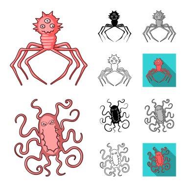 Komik mikroplar çizgi film, siyah, düz, tek renkli, tür set koleksiyonu tasarım için simgeleri anahat. Patojenik mikroplar sembol stok web illüstrasyon vektör.