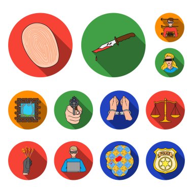 Suç ve ceza düz simgeler set koleksiyonu tasarım için. Suç vektör simge stok web çizim.