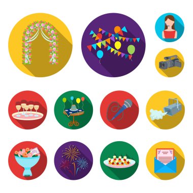 Olay organizasyon set koleksiyonu tasarım için düz simgeler. Kutlama ve öznitelikleri sembol stok web illüstrasyon vektör.