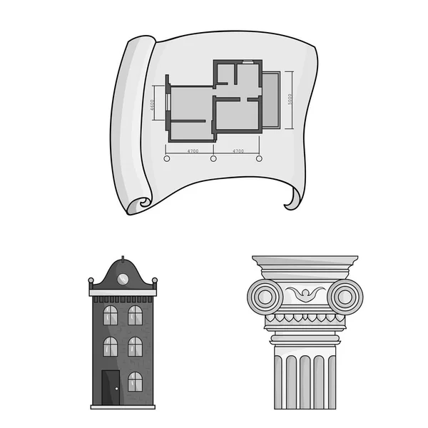 建筑和建筑中的单色图标集的设计。建筑师和设备矢量符号股票网页插图. — 图库矢量图片