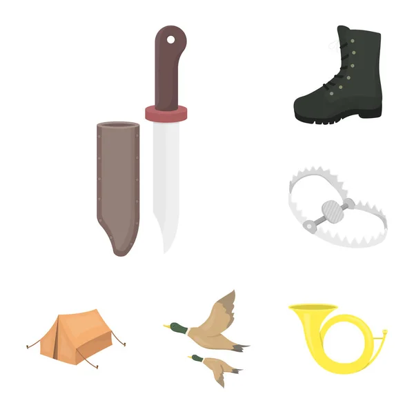 Caza y trofeo iconos de dibujos animados en la colección de conjuntos para el diseño. Caza y equipo vector símbolo stock web ilustración . — Vector de stock