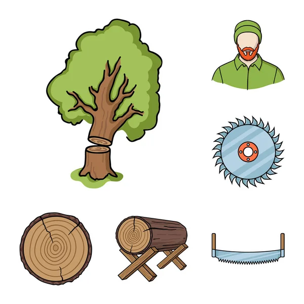 Iconos de dibujos animados de aserradero y madera en la colección de conjuntos para el diseño. Hardware y herramientas vector símbolo stock web ilustración . — Vector de stock