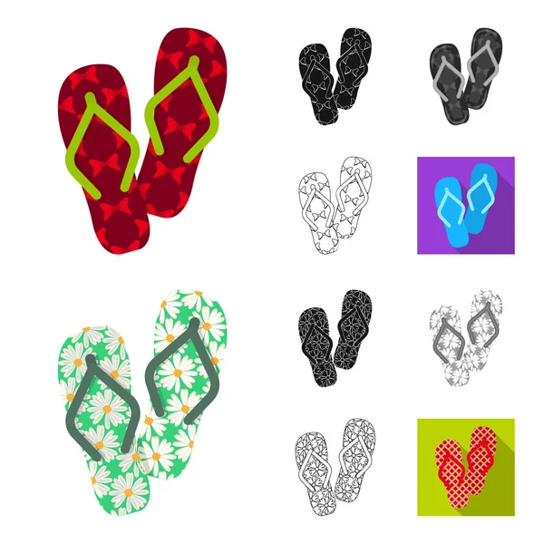 Chanclas de dibujos animados, negro, plano, monocromo, iconos de contorno en la colección de conjuntos para el diseño. Zapatos de playa vector símbolo stock web ilustración . — Vector de stock