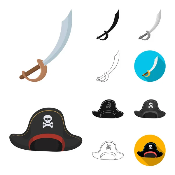 Pirata, caricatura ladrón de mar, negro, plano, monocromo, iconos de contorno en la colección de conjuntos para el diseño. Tesoros, atributos vector símbolo stock web ilustración . — Vector de stock
