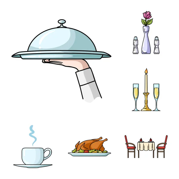 Iconos de dibujos animados de restaurantes y bares en la colección de conjuntos para el diseño. Placer, comida y alcohol vector símbolo stock web ilustración . Gráficos Vectoriales