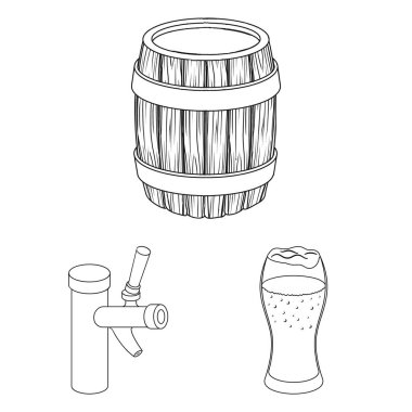 Set koleksiyonu tasarım için pub, iç ve ekipman anahat simgeleri. Alkol ve yiyecek sembol stok web illüstrasyon vektör.