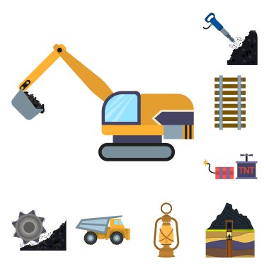 Madencilik Sanayi karikatür simgeleri set koleksiyonu tasarım için. Cihazlar ve sembol stok web illüstrasyon vektör.