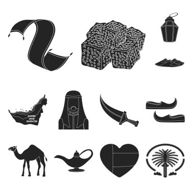 Ülke Birleşik Arap Emirlikleri siyah set koleksiyonu tasarım için simgeler. Turizm ve cazibe simge stok web illüstrasyon vektör.