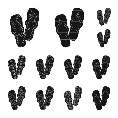 Parmak arası terlik set koleksiyonu tasarım için simgeler siyah. Beach ayakkabı sembol stok web illüstrasyon vektör.