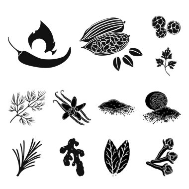 Ot ve baharat set koleksiyonu tasarım için simgeler siyah. Baharat çeşitleri simge stok web illüstrasyon vektör.