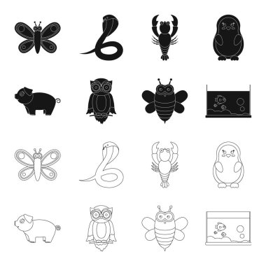 Gerçekçi olmayan bir siyah, set koleksiyonu tasarım için anahat hayvan simgeler. Oyuncak hayvanlar sembol stok web illüstrasyon vektör.