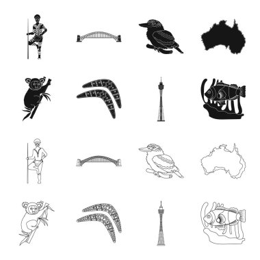 Bambu, bumerang, Sydney Kulesi, Balık palyaço ve amonyum Koala. Avustralya toplama simgeler siyah, anahat stili vektör simge stok çizim web içinde ayarla..