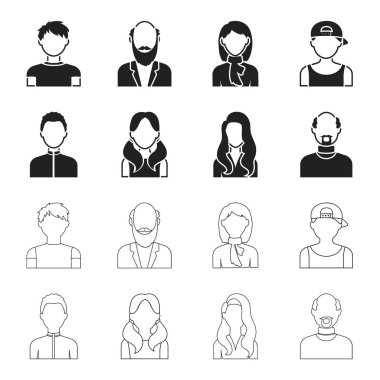 Çocuk sarışın, kel adam, kuyrukları, kızla kadın. Avatar toplama simgeler siyah, anahat stili vektör simge stok çizim web içinde ayarla..