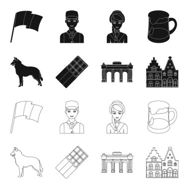Çikolata, katedral ve ülkenin diğer simgeler. Belçika toplama simgeler siyah, anahat stili vektör simge stok çizim web içinde ayarla..