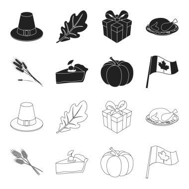 Spike buğday, bir dilim pasta ile kızılcık, kabak, ulusal bayrak. Kanada Şükran günü toplama simgeler siyah, anahat stili vektör simge stok çizim web içinde ayarla..