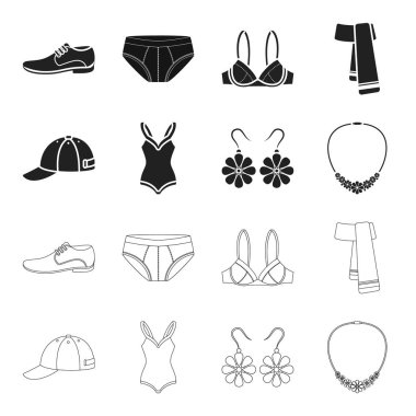 Kapağı, küpe, kolye, mayo. Giyim toplama simgeler siyah, anahat stili vektör simge stok çizim web içinde ayarla..