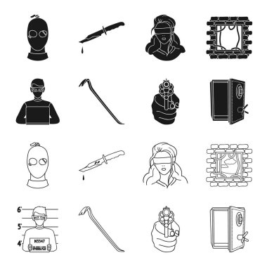 Ceza, hurda, açık güvenli, yönlü silah fotoğraf. Suç toplama simgeler siyah, anahat stili vektör simge stok çizim web içinde ayarla..