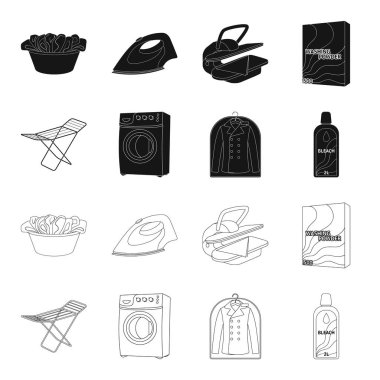 Kurutma makinesi, çamaşır makinesi, temiz elbise, çamaşır suyu. Kuru Temizleme toplama simgeler siyah, anahat stili vektör simge stok illüstrasyon ayarla. .