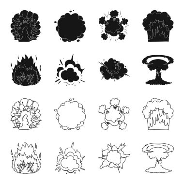 Alevi, kıvılcım, hidrojen parçaları, atom veya gaz patlaması. Patlamalar toplama simgeler siyah, anahat stili vektör simge stok çizim web içinde ayarla..