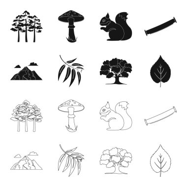 Dağ, bulut, ağaç, dal, yaprak. Orman toplama simgeler siyah, anahat stili vektör simge stok çizim web içinde ayarla..