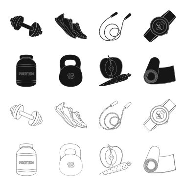 Protein, vitamin ve diğer ekipman eğitim için. Spor ve egzersiz toplama simgeler siyah, anahat stili vektör simge stok çizim web ayarla.