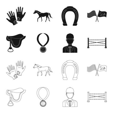 Eyer, madalya, şampiyon, kazanan. Hipodrom ve at toplama simgeler siyah, anahat stili vektör simge stok çizim web ayarla.