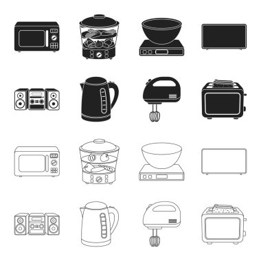 Elektrikli su ısıtıcısı, Müzik Merkezi, Mikser, ekmek kızartma makinesi. Ev toplama simgeler siyah, anahat stili vektör simge stok çizim web içinde ayarla..