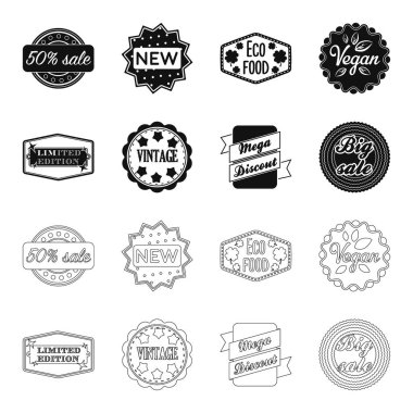 Sayılı seri, vintage, mega discont, kazmak Satılık. Etiket, toplama simgeler siyah, anahat stili vektör simge stok çizim web ayarla.