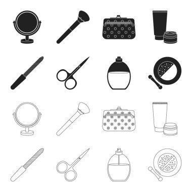 Tırnak törpüsü, makaslar, çivi, parfüm, pudra fırçası ile için. Makyaj toplama simgeler siyah, anahat stili vektör simge stok çizim web içinde ayarla..