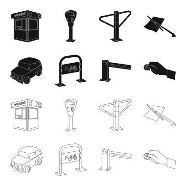 Araban, bariyer, Bisiklet park yeri, para el için ödeme Park. Buraya park edilmez toplama simgeler siyah, anahat stili vektör simge stok çizim web içinde ayarla..