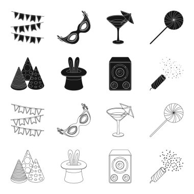 Hileci, müzik ve diğer aksesuarlar partide. Parti ve partits simgeler siyah, anahat stili vektör simge stok çizim web ayarla.
